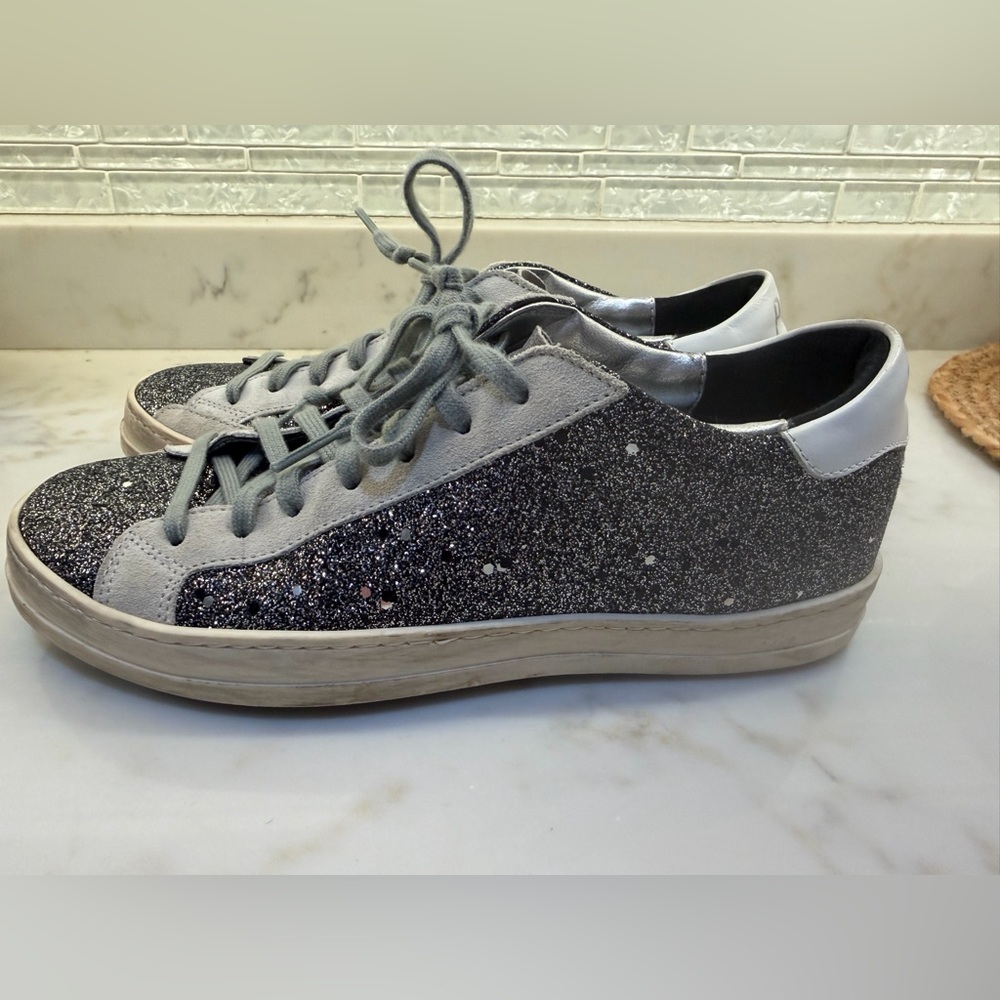 P448 Sneakers John Glitter Black Sparkle Low Top Sneaker Shoes Size 38 US 7.5 - Picture 2 of 6